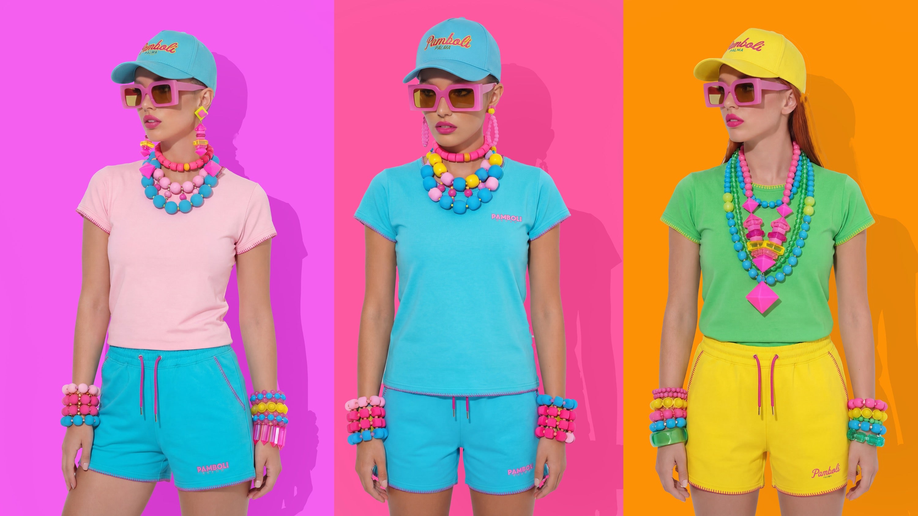 Models wearing colourful Mallorca-inspired summer outfits with caps and sweat shorts