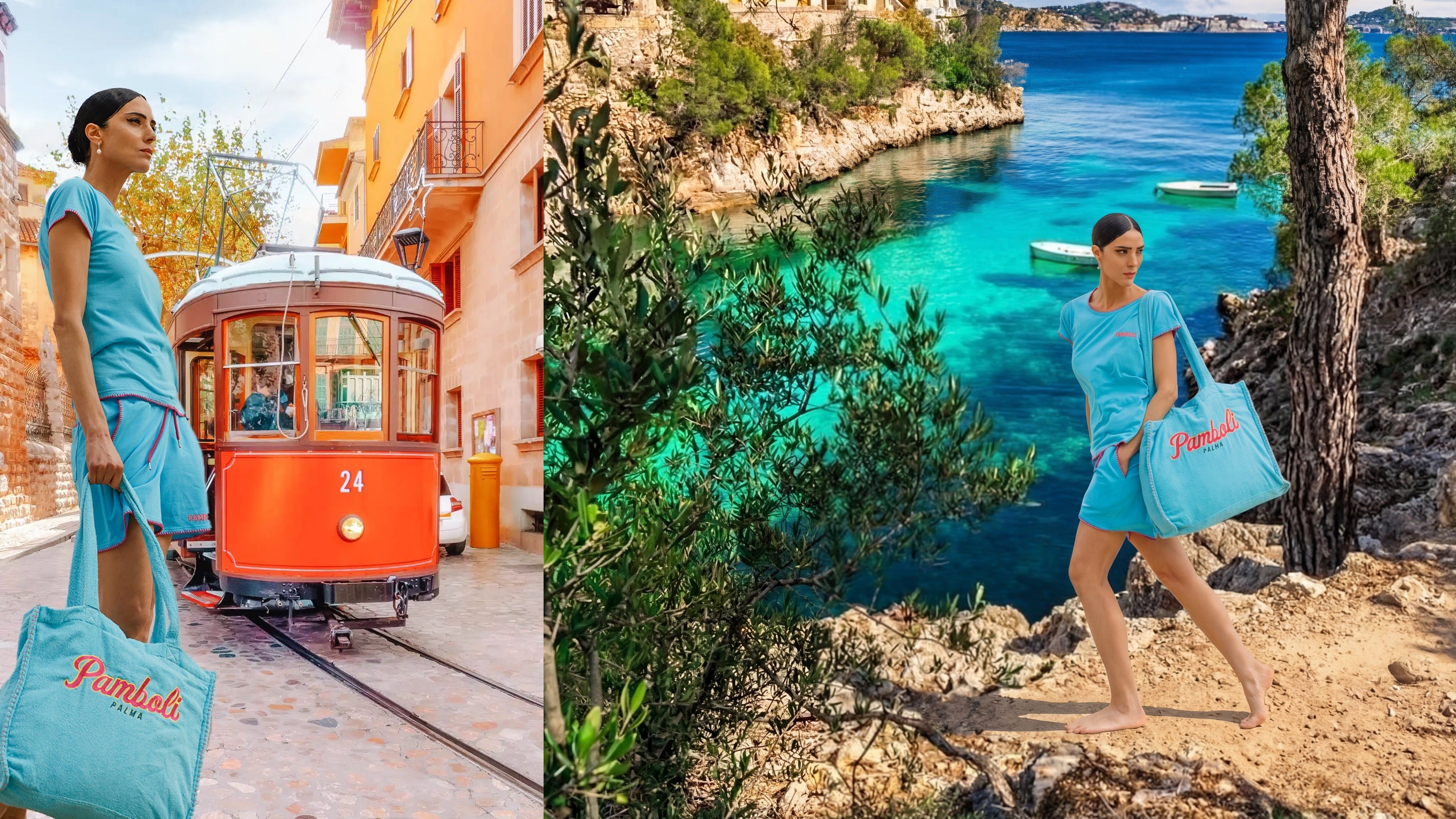 Model carrying a sky blue beach tote bag in Mallorca-inspired coastal fashion